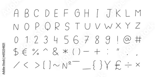 Childlike black english latin abc alphabet font with digits and symbols handwritten A to Z, 0 to 9 collection. Vector illustration in doodle style isolated on white background. For learning.