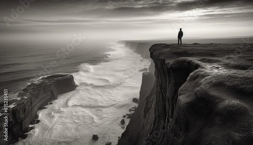 Silhouette of one person standing on majestic cliff at dusk generated by AI