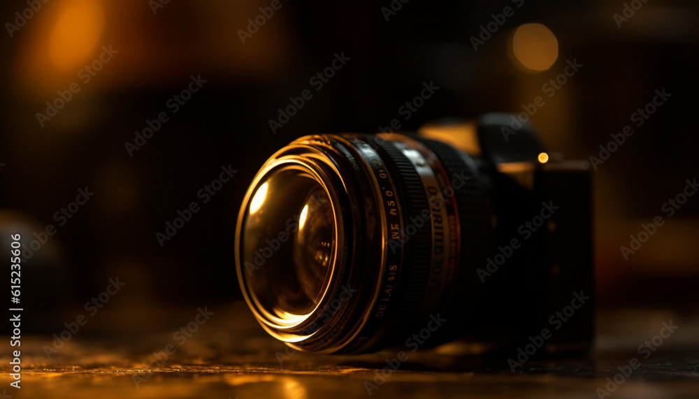 Antique Canon lens captures defocused reflection of old glass material generated by AI