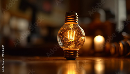 The glowing filament of an old fashioned tungsten light bulb generated by AI