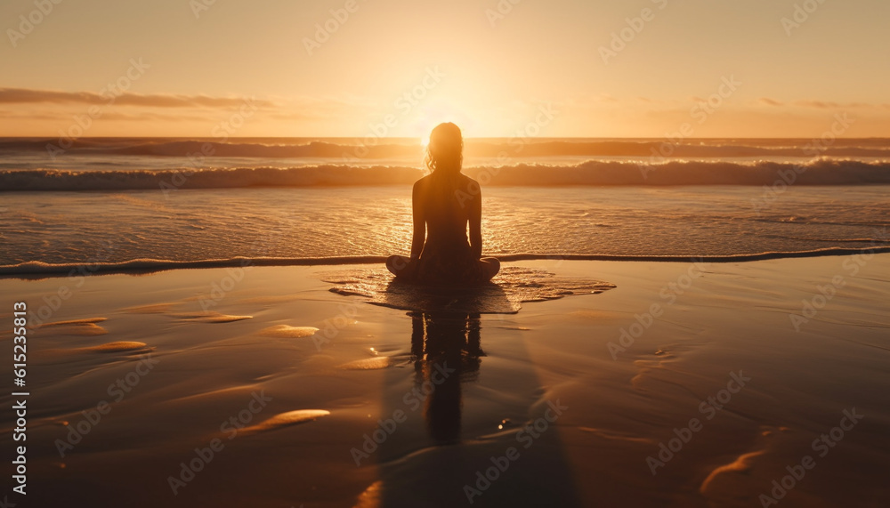 Tranquil silhouette meditates in lotus position at sunrise on beach generated by AI Tranquil silhouette meditates in lotus position at sunrise on beach generated by AI