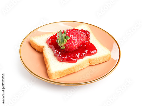 Plate of toast with sweet strawberry jam on white background