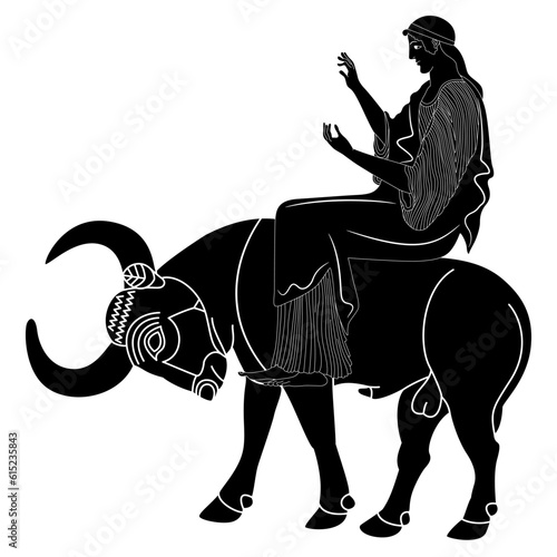 The Rape of Europa. Ancient Greek mythology. Beautiful woman riding a bull. God Zeus. Vase painting style. Black and white negative silhouette.