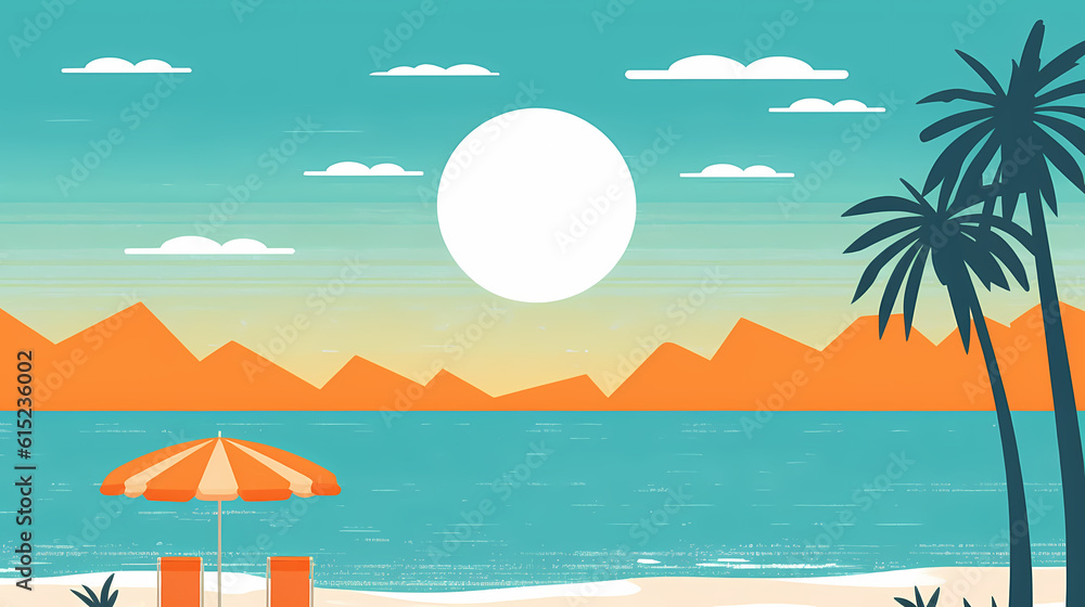Beautiful minimalistic and colorful flat illustration of a beach with an umbrella