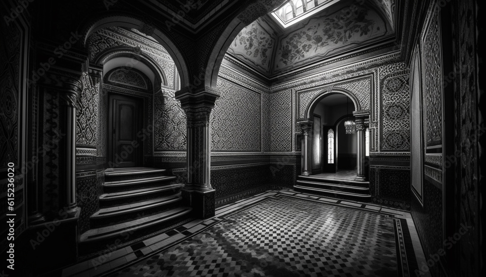 An antique door leads to a dark, elegant marble corridor generated by AI An antique door leads to a dark, elegant marble corridor generated by AI
