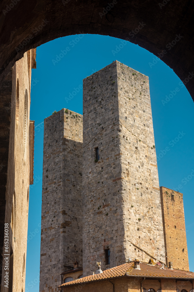 Ancient medieval tower in the town center of San Gimignano, Tuscany,  Italy