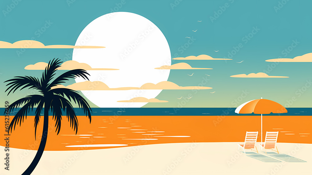 Beautiful minimalistic and colorful flat illustration of a beach with an umbrella