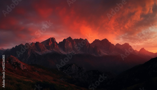 The majestic mountain peak silhouetted against the dramatic twilight sky generated by AI