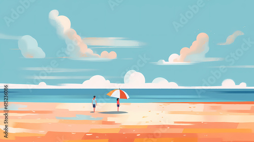 Beautiful minimalistic and colorful flat illustration of people relaxing on a beach