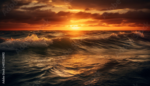 Golden sunset reflects on tranquil seascape, a nature beauty generated by AI