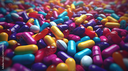 Assorted large number colorful medicines pills capsule background AI Generated image