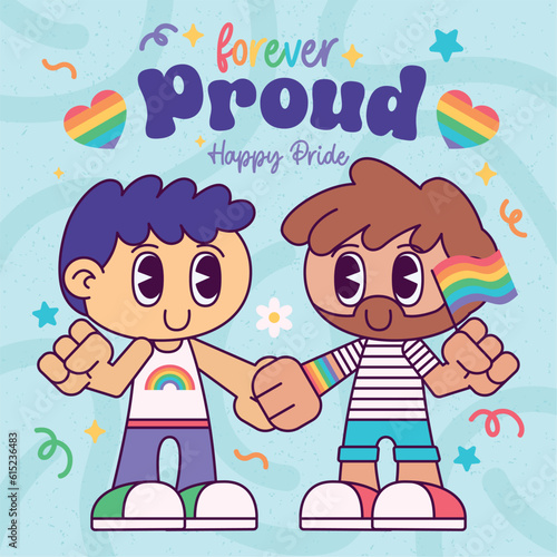 Cute chibi homosexual couple characters Proud month Vector illustration