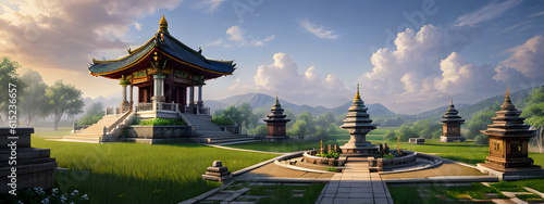 Panoramic temple landscape with scenic park and sky clouds
