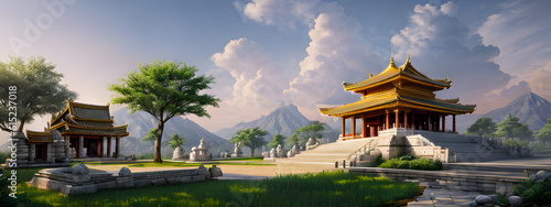 Panoramic temple landscape with scenic park and sky clouds