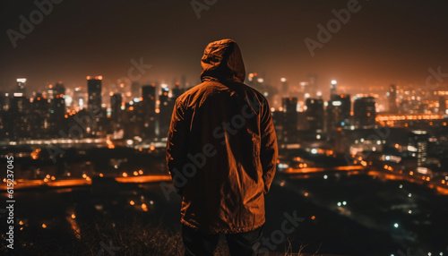 A lone figure stands, hooded, gazing at the urban skyline generated by AI