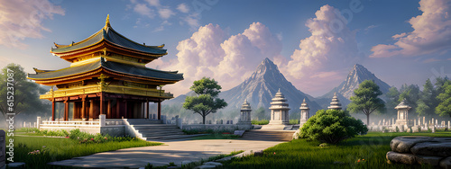 Panoramic temple landscape with scenic park and sky clouds