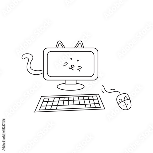 Hand drawn Illustration vector graphic Kids drawing style funny cute computer cat with keyboard and mouse in a cartoon style