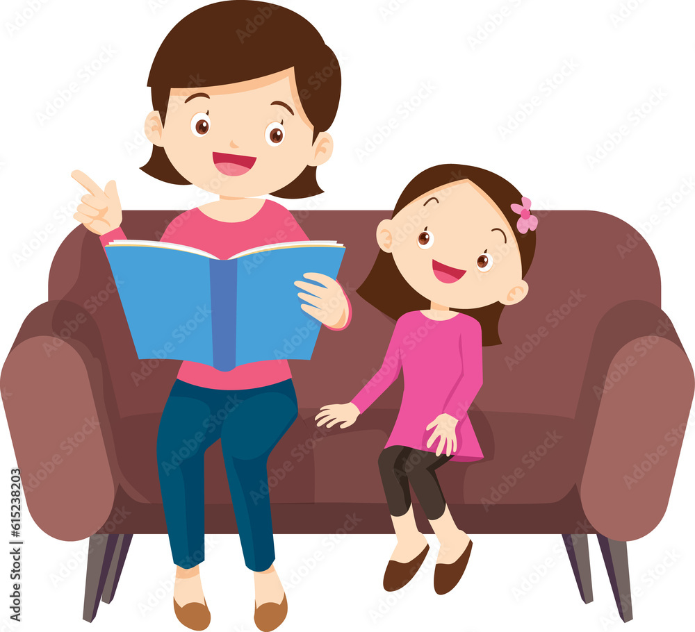 cute family sitting on sofa reading a book together cute family sitting on sofa reading a book together