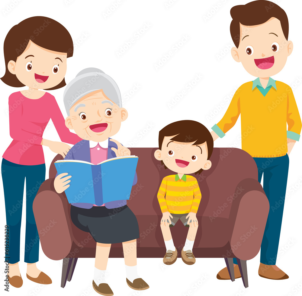 cute family sitting on sofa reading a book together cute family sitting on sofa reading a book together