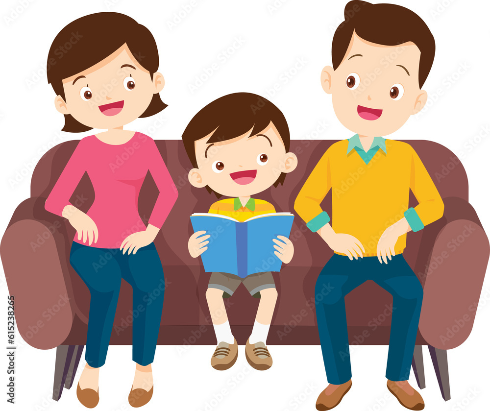 cute family sitting on sofa reading a book together cute family sitting on sofa reading a book together