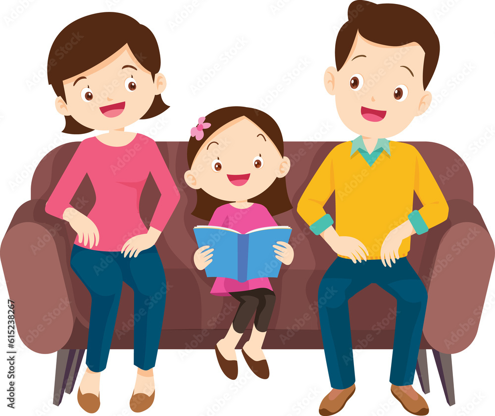cute family sitting on sofa reading a book together cute family sitting on sofa reading a book together