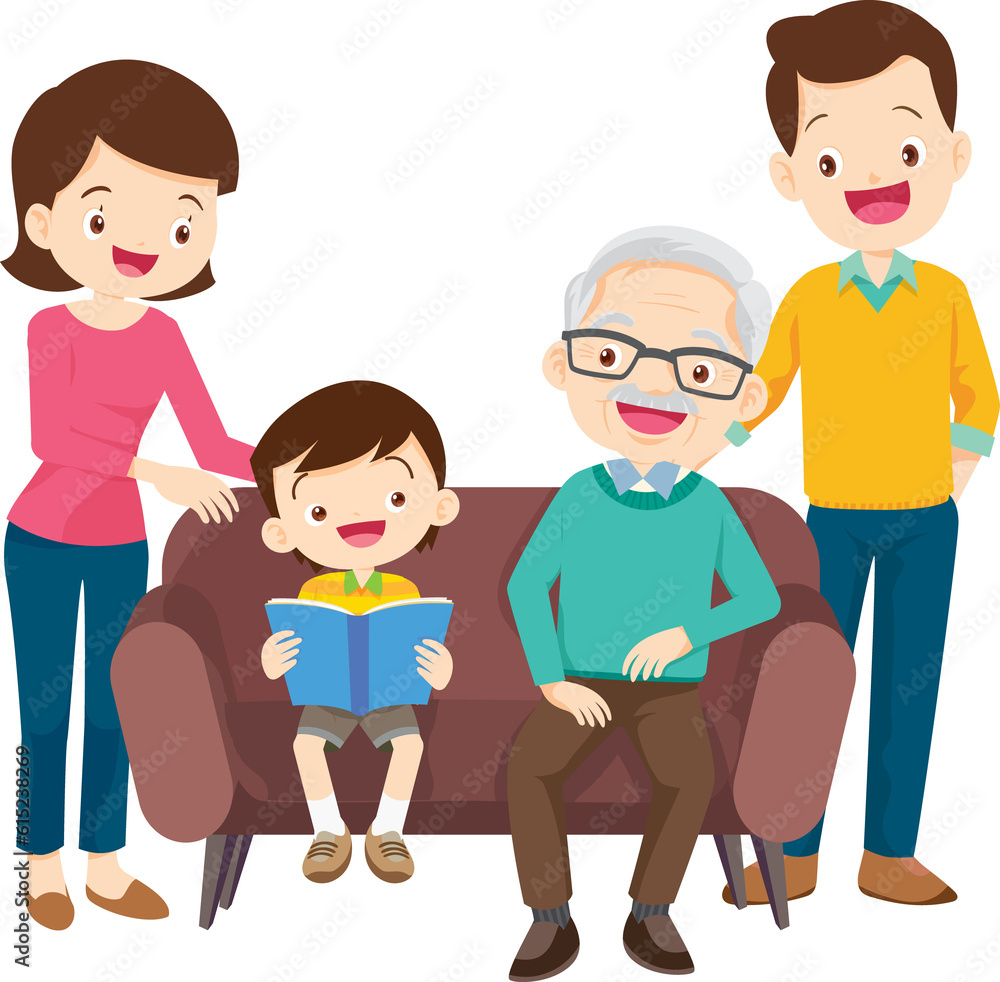 cute family sitting on sofa reading a book together cute family sitting on sofa reading a book together