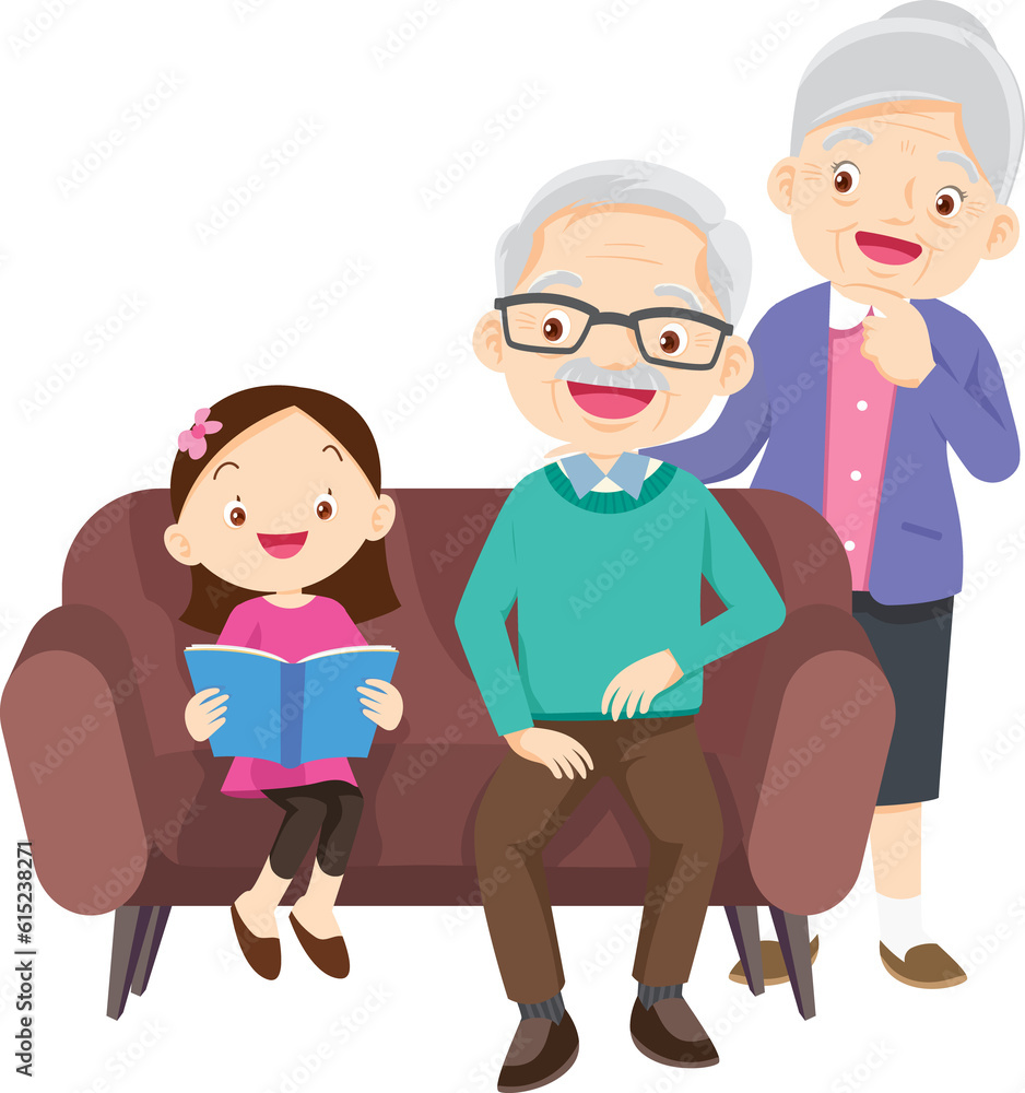 cute family sitting on sofa reading a book together