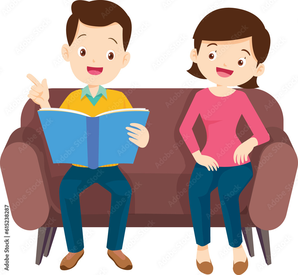 cute family sitting on sofa reading a book together cute family sitting on sofa reading a book together