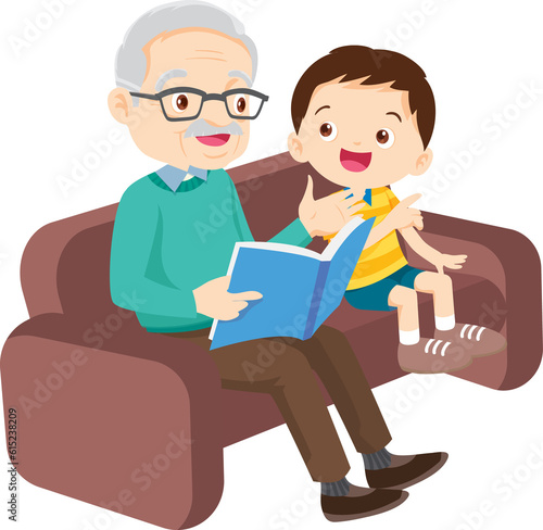 cute family sitting on sofa reading a book together