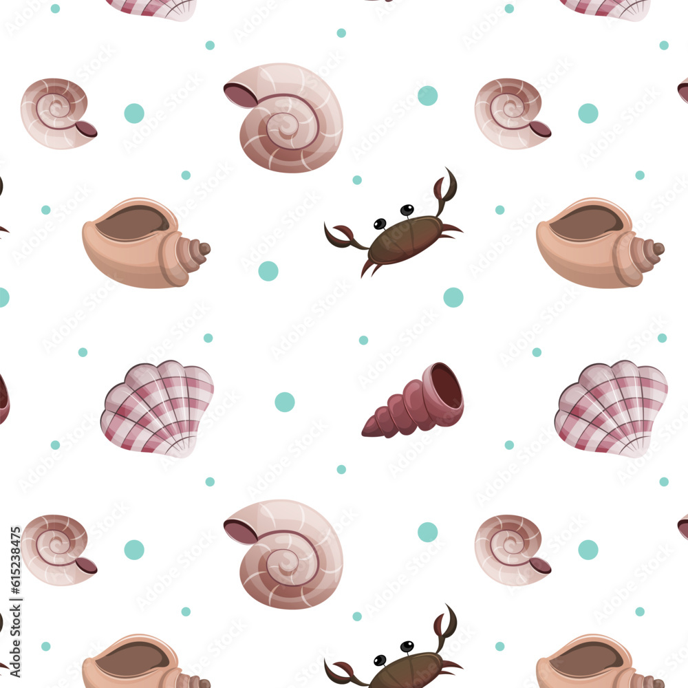 Seamless pattern on the theme of sea and summer. Seashell pattern on a white background. Seamless pattern on the theme of sea and summer. Seashell pattern on a white background.