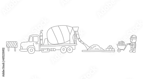 Hand drawn color children construction set cement mixer truck pouring cement with construction worker pushing wheelbarrow. Cute heavy duty construction transport vehicles
