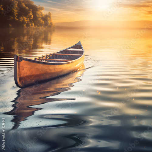 Canoe floating on calm water at sunset