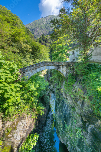 The Orrido of Saint Anna Church over the Cannobino River, Cannobio, Piedmont, Italy, Europe photo