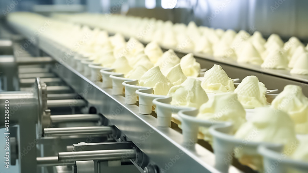 Ice-cream dairy factory - conveyor belt with ice cream cones at modern food processing factory.
Ice-cream dairy factory - conveyor belt with ice cream cones at modern food processing factory.