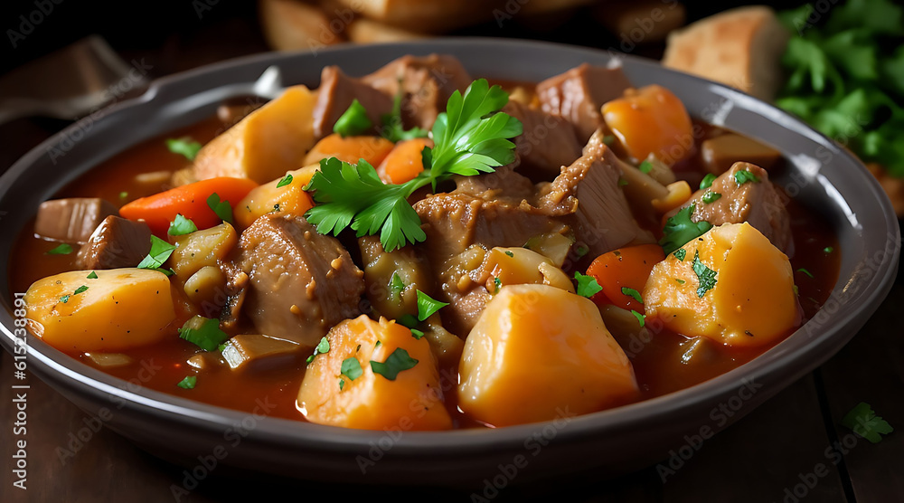 A close-up of a savory and hearty Irish stew. Generative AI
