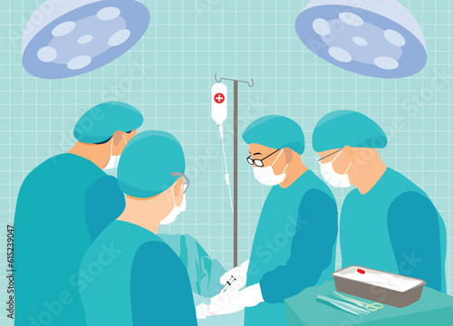 A team of surgeons and uniformed assistants perform the injections. in modern surgical hospitals, emergency rooms and modern medicine Illustration of a character wearing a mask.