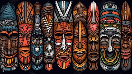 African tribal masks and rituals . Fantasy concept   Illustration painting.