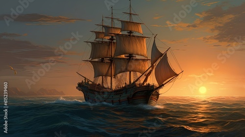 A sailing ship in the ocean created with Generative AI technology.