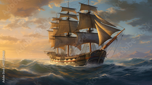 A sailing ship in the ocean created with Generative AI technology. © aigarsr