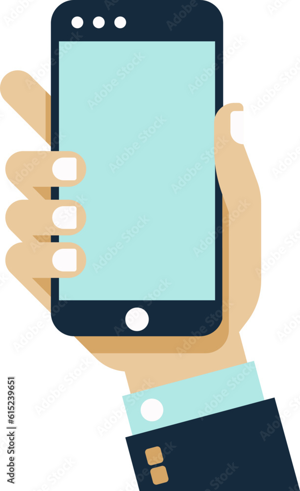 A hand holding a mobile phone showing its screen cartoon icon A hand holding a mobile phone showing its screen cartoon icon