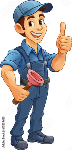 A plumber handyman plumbing construction cartoon mascot man holding a drain plunger tool.