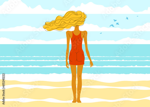 Beautiful slim skinny girl stands at the seashore beach back and watches the ocean or sea resting in calm, vector illustrations of summer vacations laze beautiful seascape.