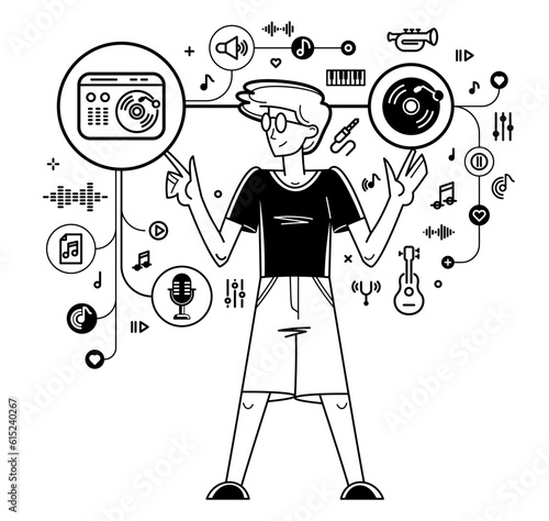 Music producer composing new track vector outline illustration, sound engineer doing his job in recording studio, composer creating audio mix.