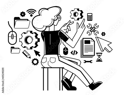 Woman technician computer engineer repairing pc vector outline illustration, fixing system work with software and hardware, system administrator.