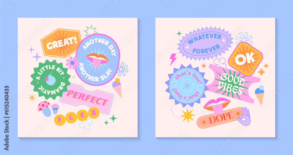 Vector set of cute templates with patches and stickers in 90s style.Modern symbols in y2k aesthetic with text.Trendy funky designs for banners,social media marketing,branding,packaging,covers