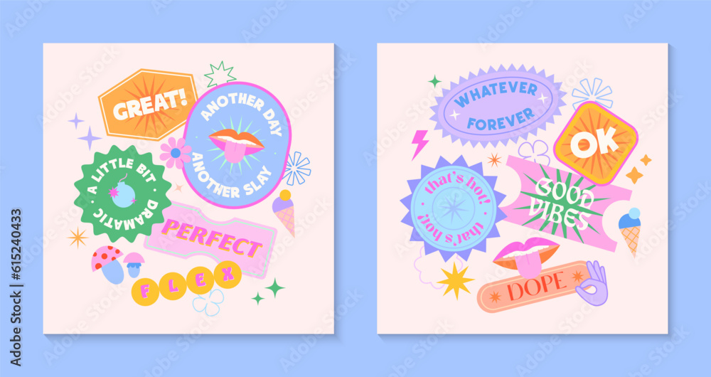 Vector set of cute templates with patches and stickers in 90s style.Modern symbols in y2k aesthetic with text.Trendy funky designs for banners,social media marketing,branding,packaging,covers Vector set of cute templates with patches and stickers in 90s style.Modern symbols in y2k aesthetic with text.Trendy funky designs for banners,social media marketing,branding,packaging,covers