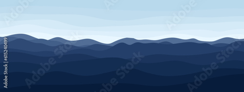 Panoramic blue mountain landscape. View of mountains, hills and blue sky. Horizontal background of beautiful natural scene. Vector illustration
