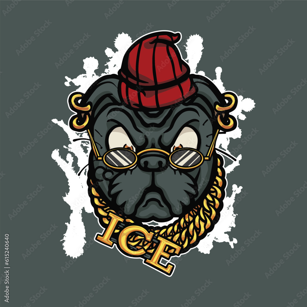 Dog pug with chain, hat and glasses. Vector illustration for your streetwear design Dog pug with chain, hat and glasses. Vector illustration for your streetwear design