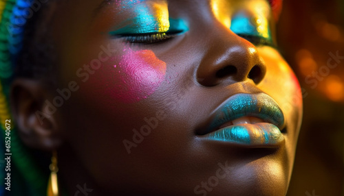 One young woman, a fashion model, with vibrant, multi colored make up generated by AI