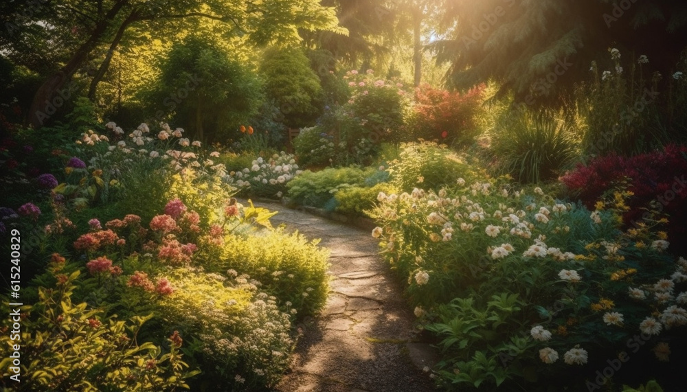 Obraz premium A tranquil scene of a green meadow with yellow flowers generated by AI